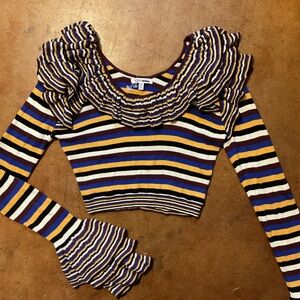 Ronny Kobo Mixed Striped Ribbed Ruffled Cropped Bell Sleeve Crop Top A33